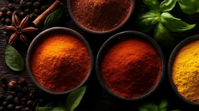 Assorted spices in small bowls, arranged on a dark wooden surface, with fresh herbs and peppercorns.  Colorful powders including turmeric, paprika, cinnamon, and more