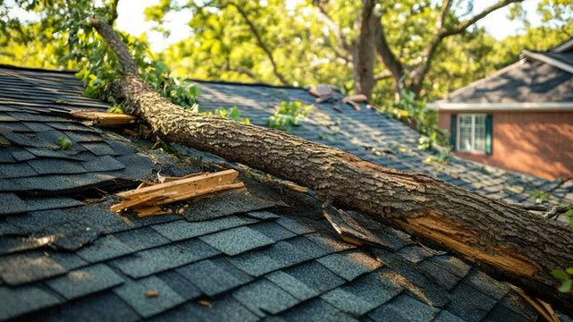 Fallen tree branch damages asphalt shingle roof