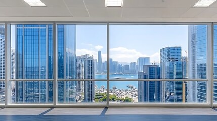 Spectacular cityscape view from modern office building with expansive windows