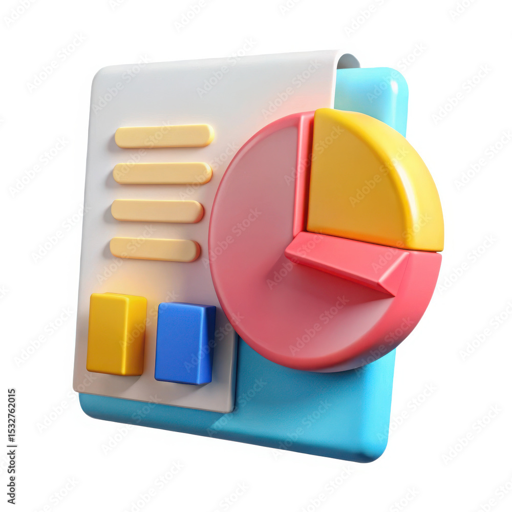 Poster a pastelcolored data report icon, isolated on white background, features a pie chart and data blocks