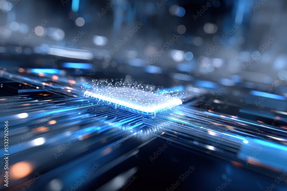Poster Glowing Microchip on Circuit Board, Representing Digital Transformation and Technological Innovation in the Era of Artificial Intelligence : Generative AI