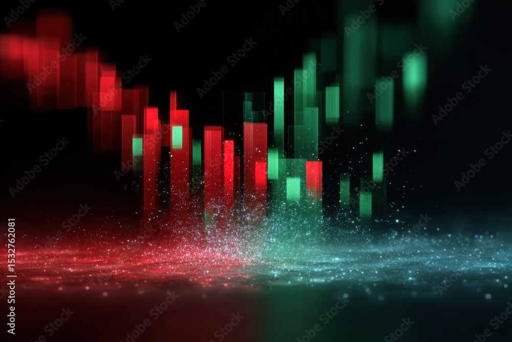 Poster abstract red and green candlestick chart with sparkling particles, illustrating stock market trends 
