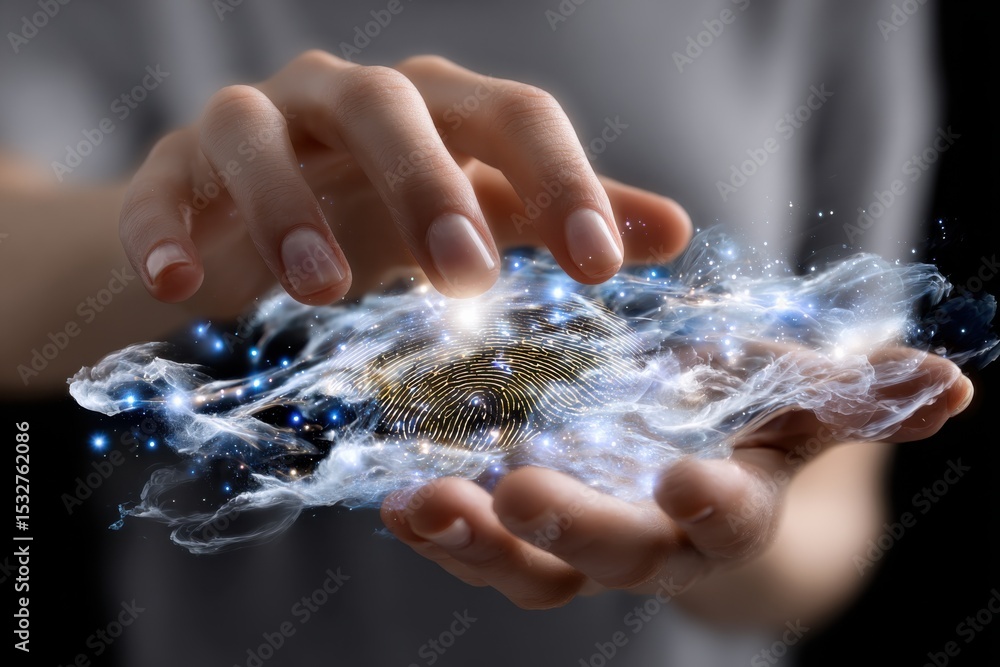 Poster Hand Holding Glowing Fingerprint With Cloud, Representing Biometric Security and Digital Transformation, Offering Innovation and Protection : Generative AI