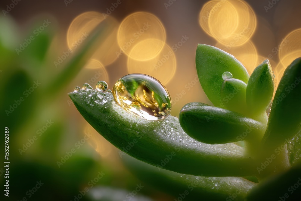 Poster water droplets on succulent leaf reflecting light, symbolizing freshness and environmental awareness