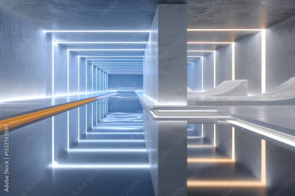 Poster futuristic hallway with neon lights and water reflections, showcasing innovative architecture and mo