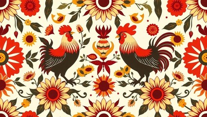 Naklejka premium Polish Wycinanki (Paper Cut Folk Art) Vibrant Folk Art Rooster and Sunflower Seamless Pattern