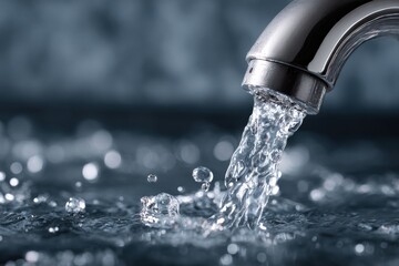 Water Flowing From Faucet in Macro Shot, Showcasing Cleanliness and Resource Management for Environmental Awareness Campaigns : Generative AI
