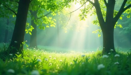 Fototapeta premium Enchanted forest: Sunlight streaming through the lush canopy of an enchanted forest, creating a magical ambiance.