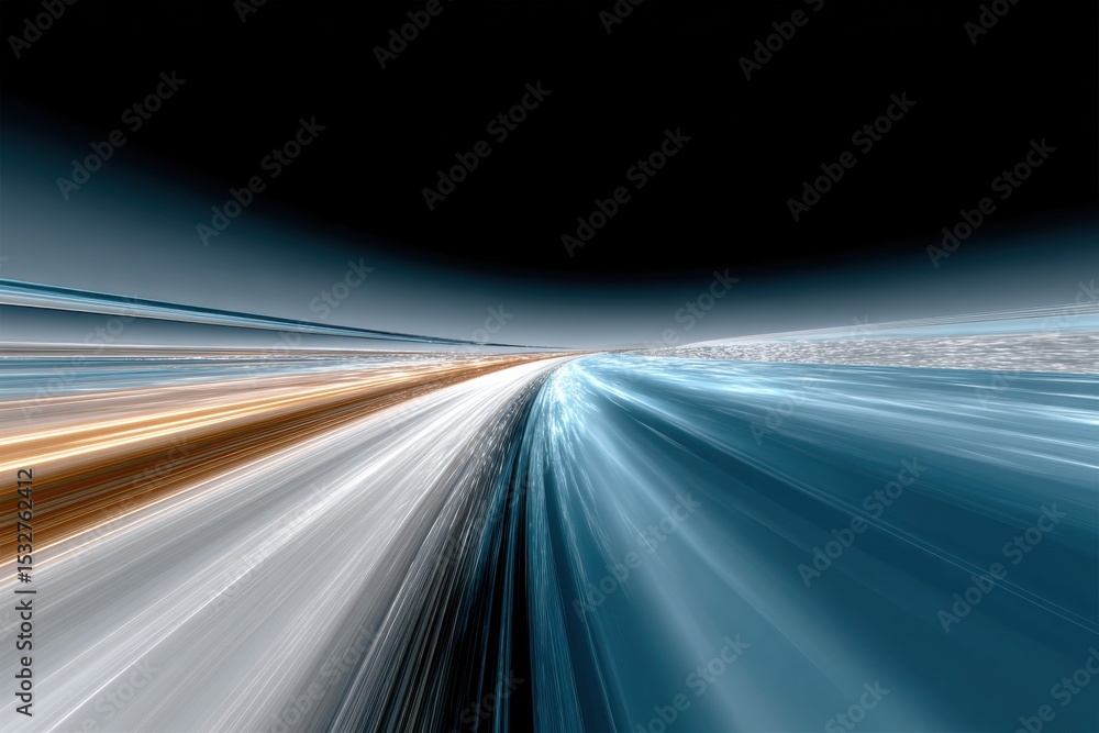 Poster abstract light streaks converging on horizon, illustrating digital transformation and technological 