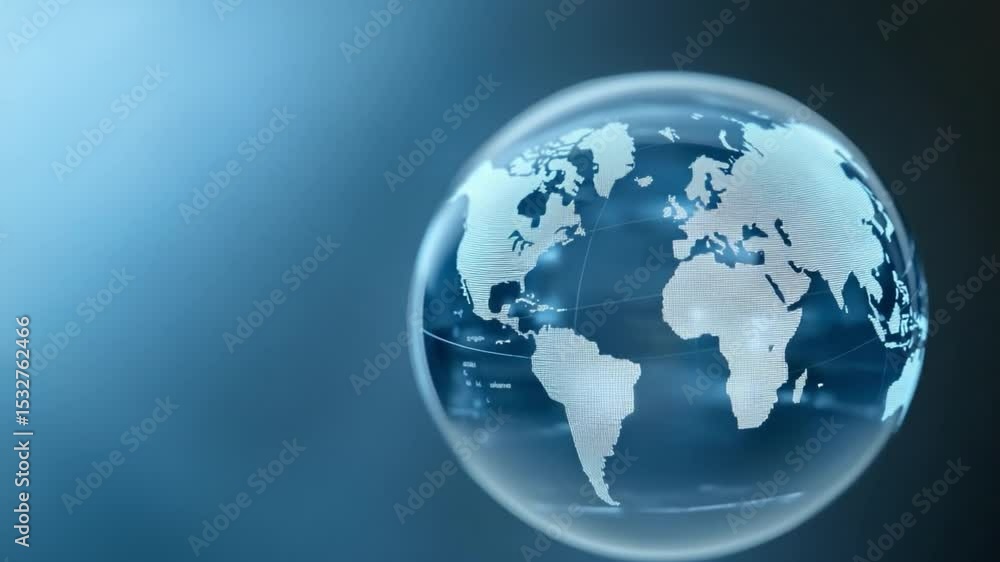Poster Global Network in Crystal Sphere: A crystal sphere encompassing a detailed world map floats against a soft blue backdrop, symbolizing global connection and network.