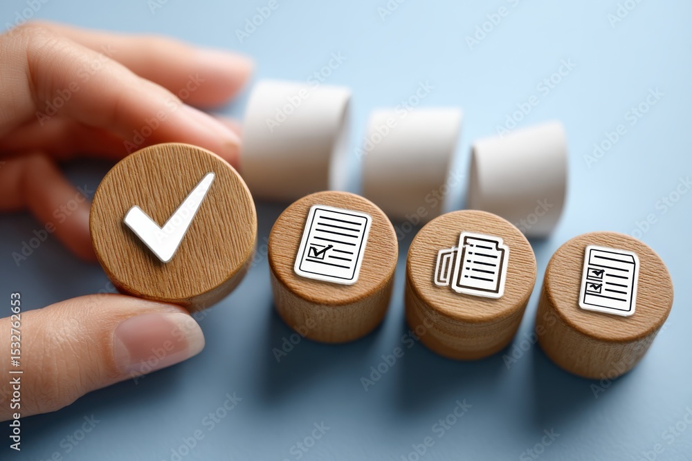 Poster Hand Placing Checkmark on Wooden Block, Representing Approval, Compliance, and Task Management for Workflow Optimization : Generative AI