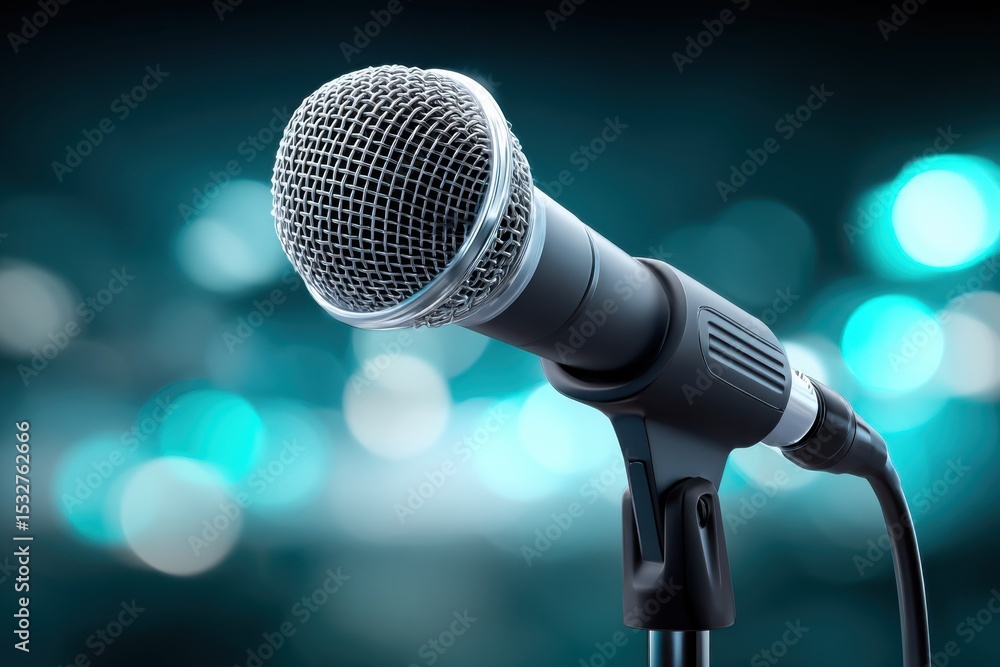 Poster microphone on stand with bokeh background, ideal for announcing events and showcasing public speakin