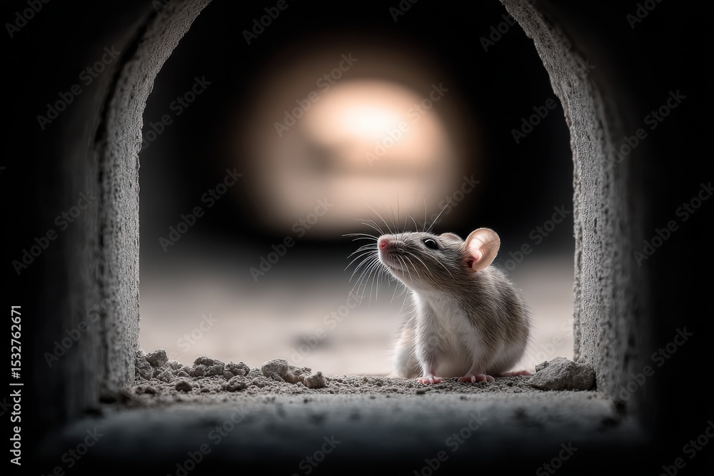 Poster mouse looking up from tunnel entrance, symbolizing overcoming challenges and finding opportunity in 