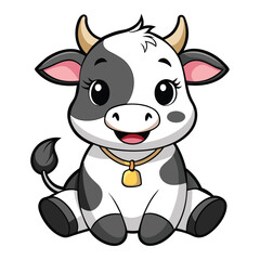 Naklejka premium Adorable cartoon calf sitting wearing a bell