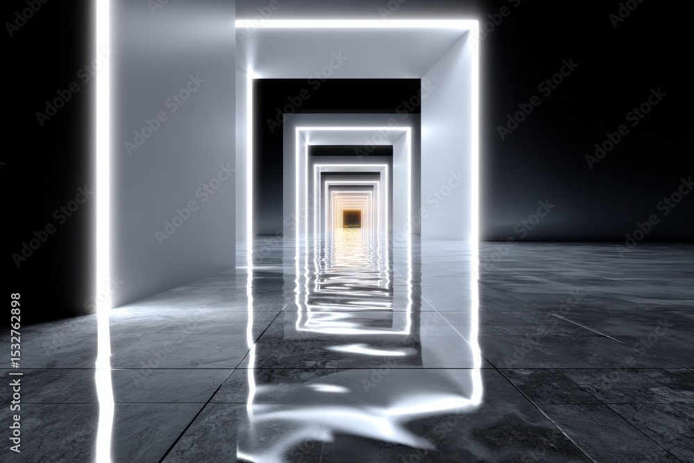 Poster neon lit tunnel with reflective floor, illustrating future technology and innovation in architectura