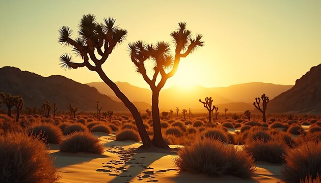 Joshua Trees Silhouette: Golden Desert Sunset Landscape - Powered by Adobe