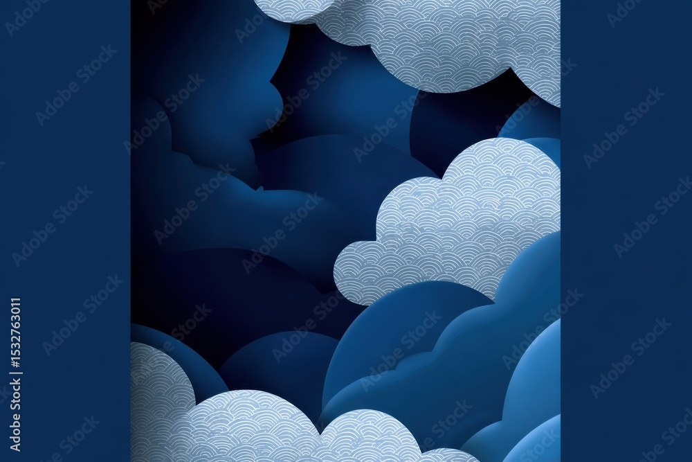 Poster blue abstract clouds with japanese wave pattern, representing calmness and dreamlike atmosphere for 