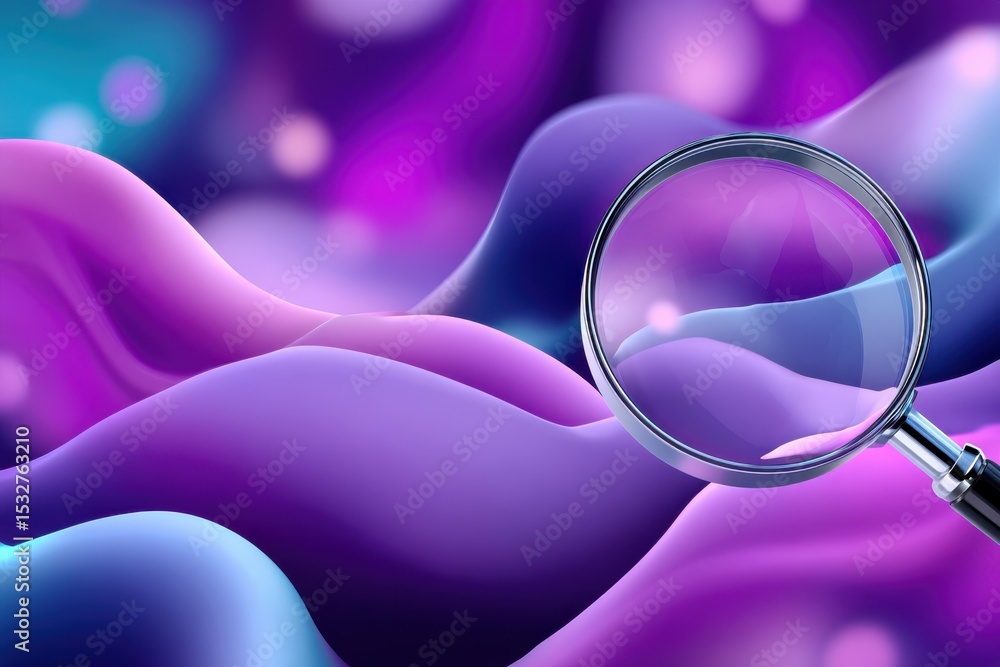 Poster magnifying glass over abstract purple waves, representing data analysis and scientific discovery in 