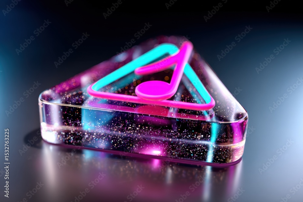 Poster abstract music note inside triangle shape with glitter, symbolizing entertainment and creative expre