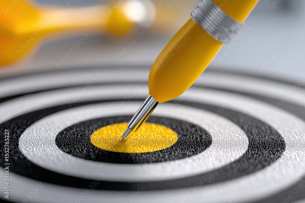 Poster yellow dart hitting bullseye on target board, symbolizing precision and strategic planning for busin