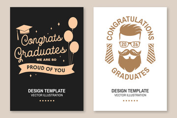 Set of posters and banners for class of 2026 graduation. Vector. Congratulations graduates banner sticker card with academic hat for high school or college graduation