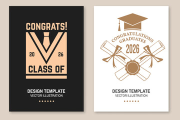 Set of posters and banners for class of 2026 graduation. Vector. Congratulations graduates banner sticker card with academic hat for high school or college graduation