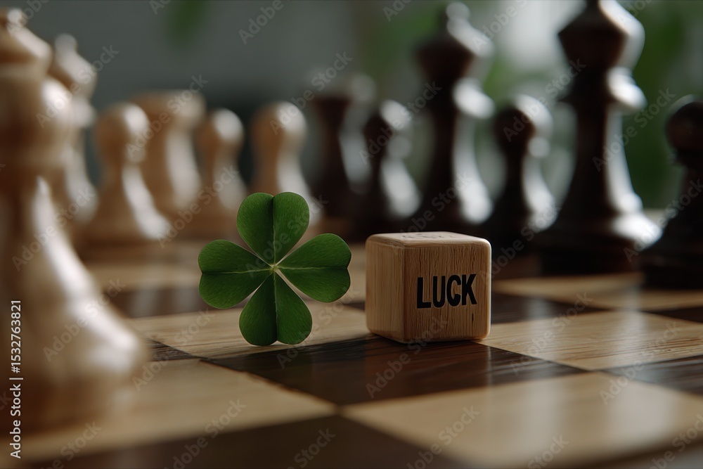 Poster four-leaf clover and wooden block with word luck on chessboard, symbolizing good fortune and strateg