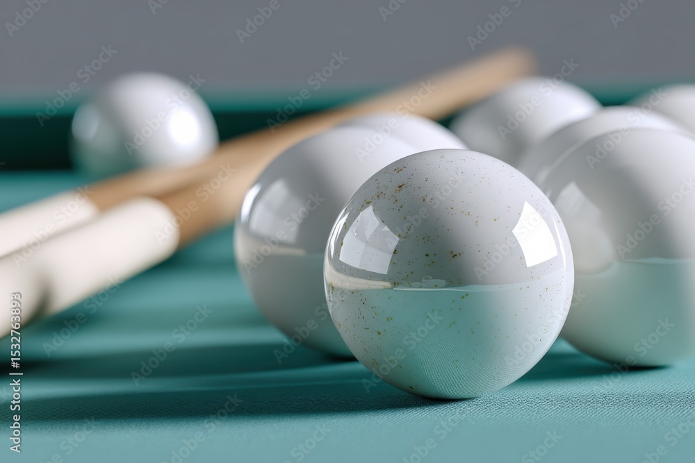Poster close-up of billiard balls and cue sticks on green felt, symbolizing strategy and competitive spirit
