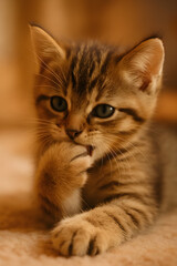 Obraz premium A charming kitten licking its paw, showcasing its soft fur and playful nature in a cozy setting.