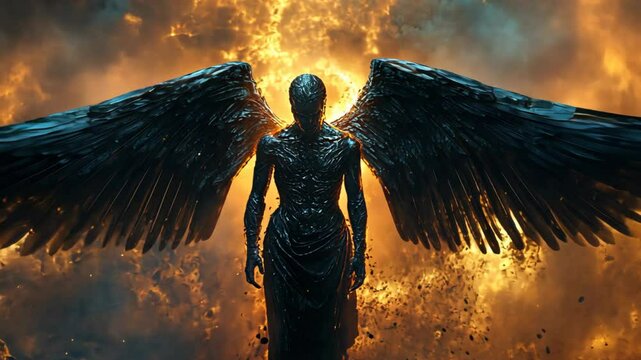 scarry dark evil creature , a black angle with black wings with burning cloud as background