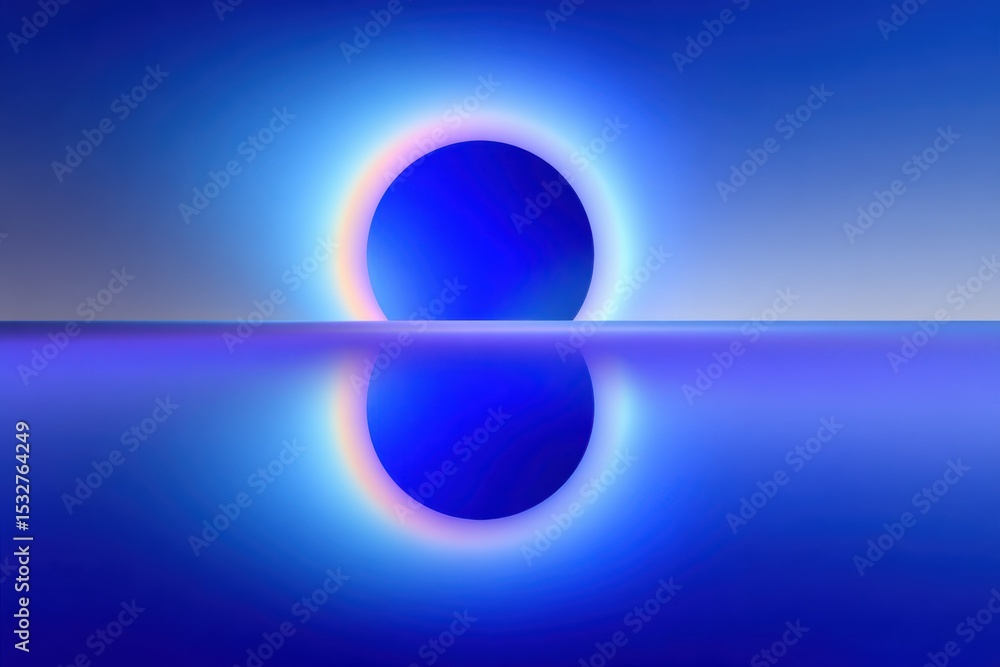 Poster abstract blue sphere with rainbow halo reflected in water, symbolizing innovation and digital transf