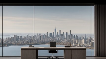 Plakat Modern office with panoramic city view and sleek workspace, conveying success