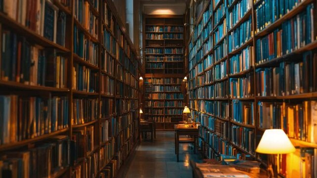 Library of Knowledge: A captivating perspective of a library aisle with rows of filled bookshelves, creating a sense of endless information, illuminated by warm, inviting light.