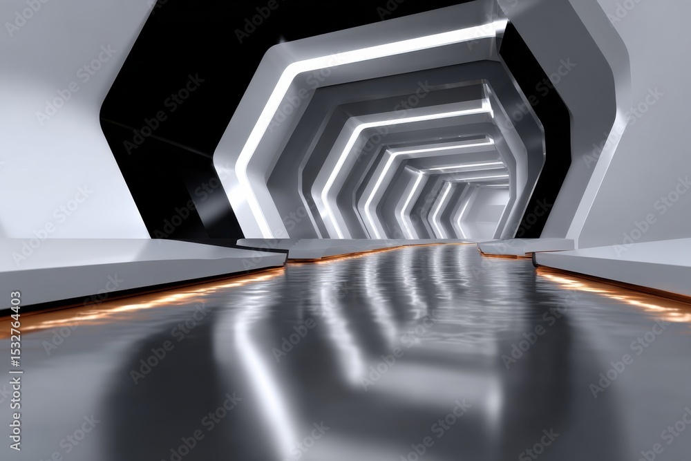 Aufkleber futuristic white corridor with reflective water floor, showcasing innovation and technological advan