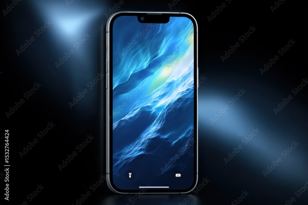 Poster smartphone displaying abstract blue landscape, showcasing digital innovation and mobile technology s