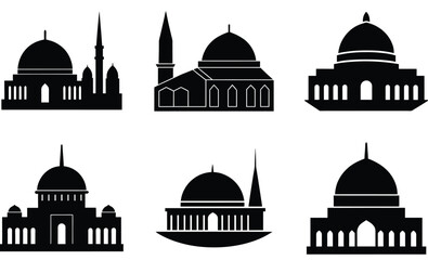Indonesian Mosque Silhouette Vector Set – Diverse Islamic Architecture Featuring Traditional and Modern Domes, Minarets, and Cultural Motifs from Indonesia
