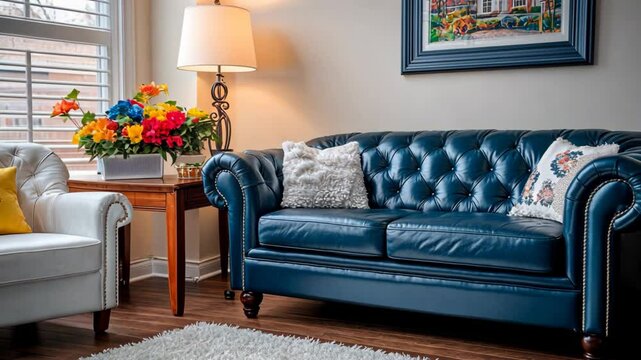 cozy living room with leather Capitone sofa 