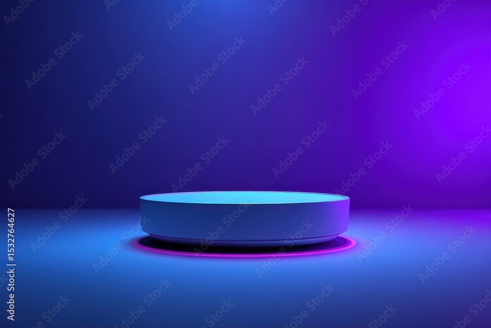 Poster modern blue and purple podium platform with neon glow, ideal for product presentation and technology