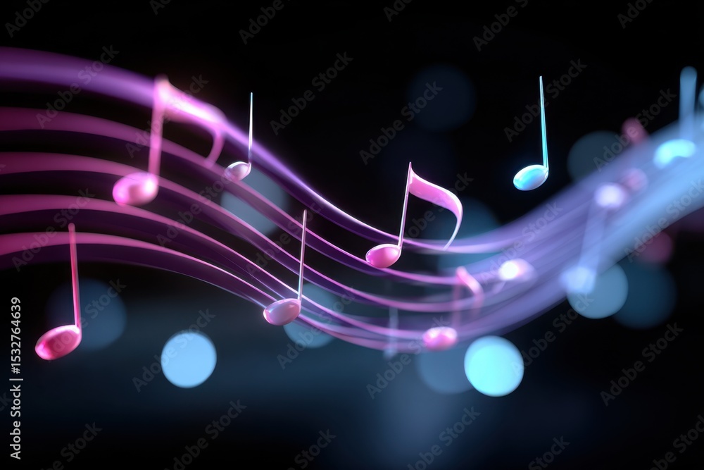 Poster glowing music notes floating on luminous staff lines, representing creative expression and entertain