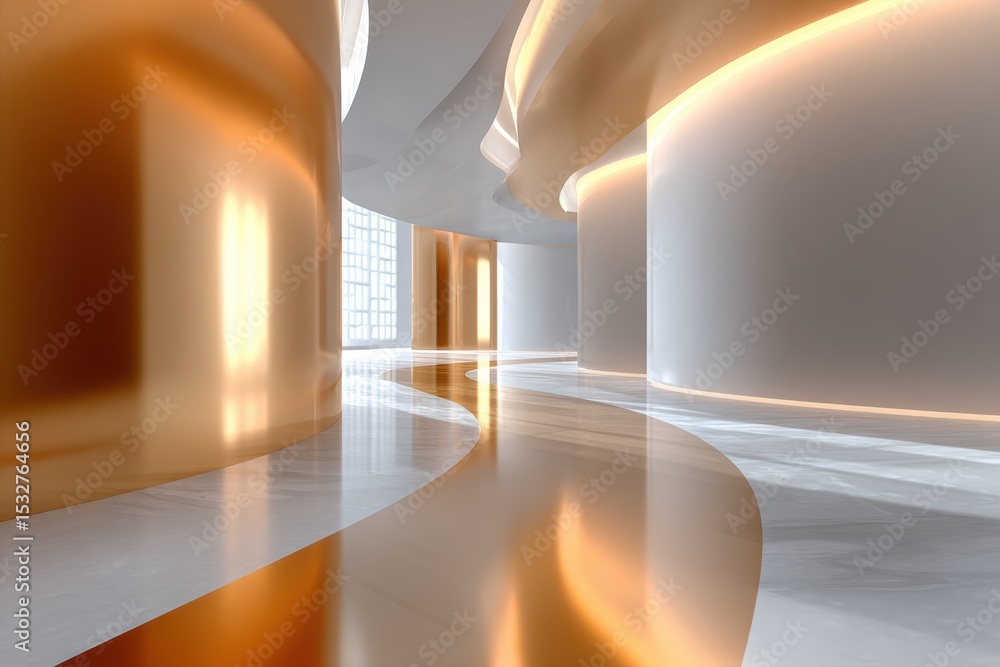 Aufkleber futuristic hallway with copper columns and marble floor, emphasizing modern architecture and interio