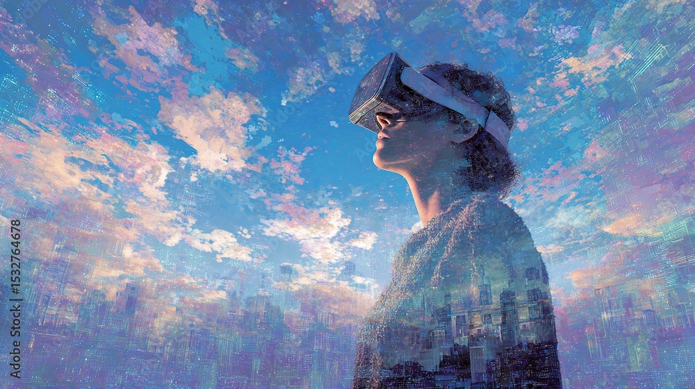 Poster user experiencing virtual reality in a mixed media art style