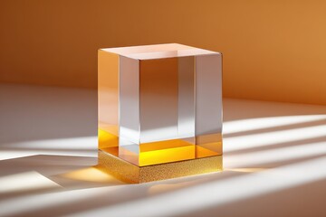 Clear Glass Cube on Golden Base, Showcasing Transparency and Luxury Branding, Ideal for Product Display and Investment Opportunities : Generative AI