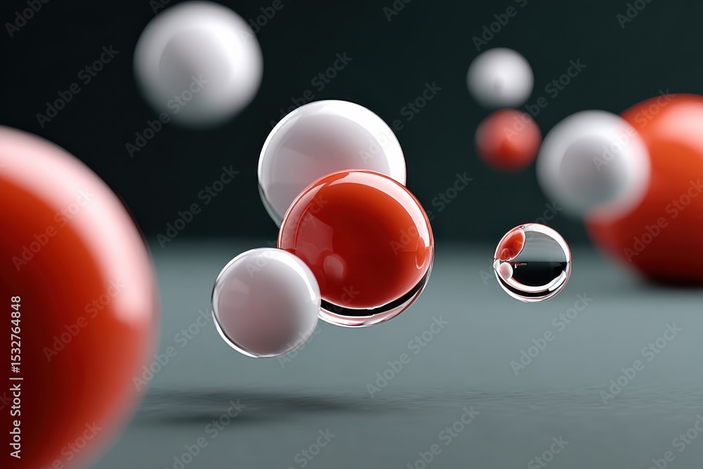 Poster floating red and white spheres in a clean studio setting, representing innovation and scientific res