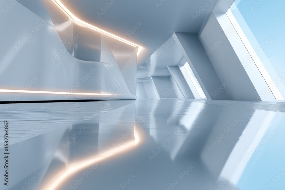 Poster futuristic hallway with white walls and neon lights, representing innovation and architectural desig