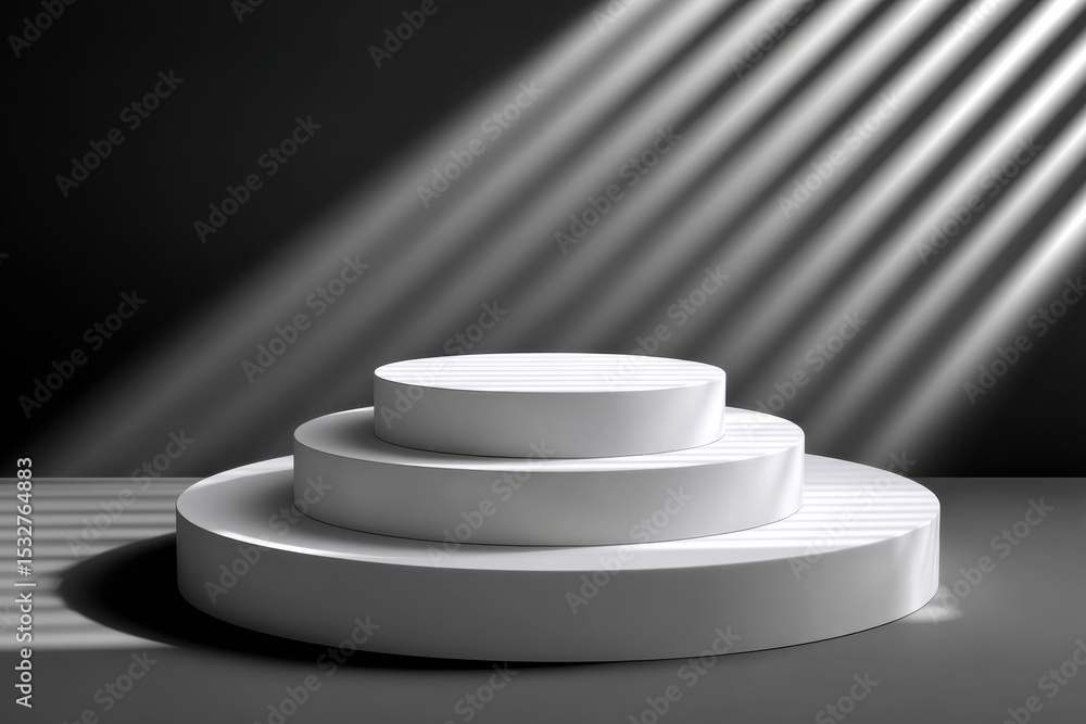 Poster three-tiered white round display platform under dramatic light, ideal for product showcase and luxur