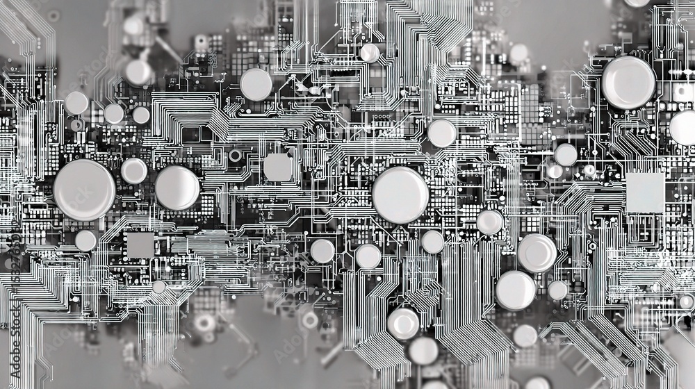 Poster detailed circuit board design in grey and white fractal patterns