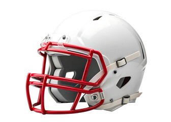 Close up of a white football helmet with a red face mask on a black background in sharp focus