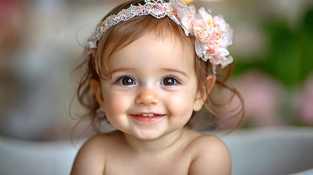 smiling young Caucasian innocent girl wearing pink flower headband in bath tub, happy bath time 