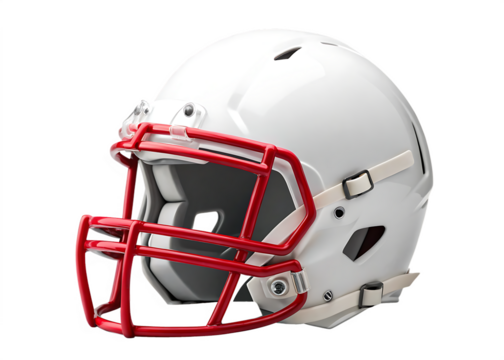 Close up of a white football helmet with a red face mask on a black background in sharp focus