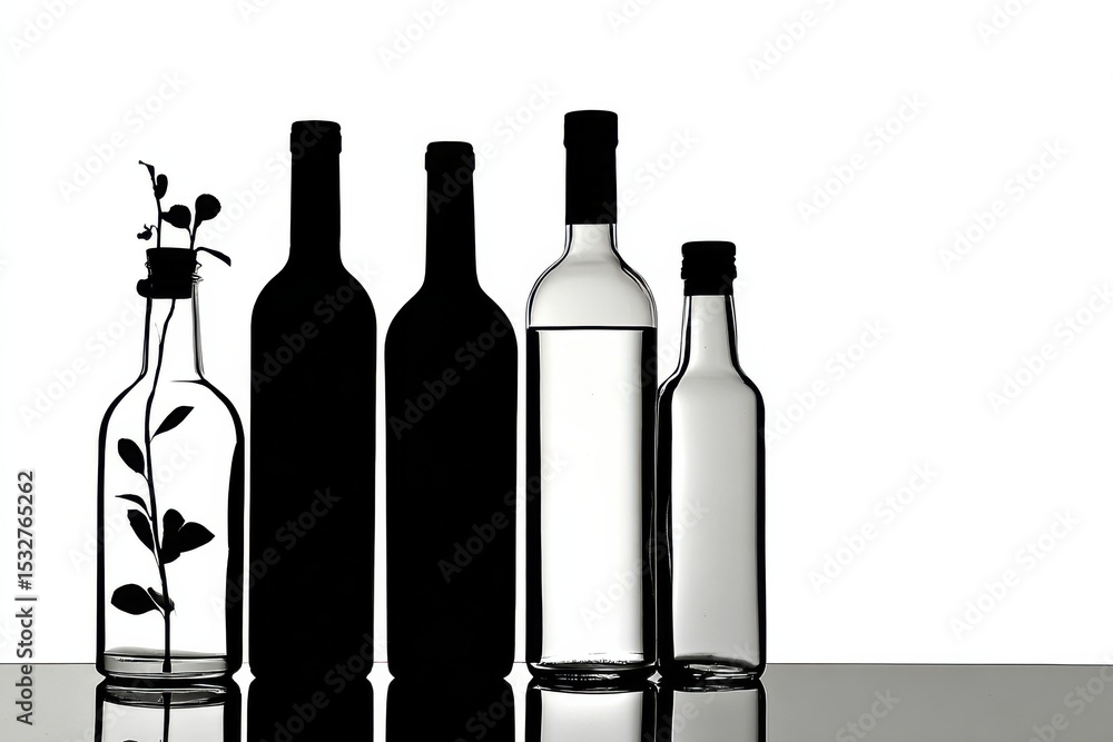 Poster Minimalist Still Life of Wine Bottles in Black and White, Evoking Elegance and Sophistication for Product Presentation and Brand Identity : Generative AI